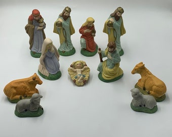 Vintage Nativity Set, Hand Painted, 11 Piece Figurine Characters, Holiday Home Decor, Made in China, 1980s