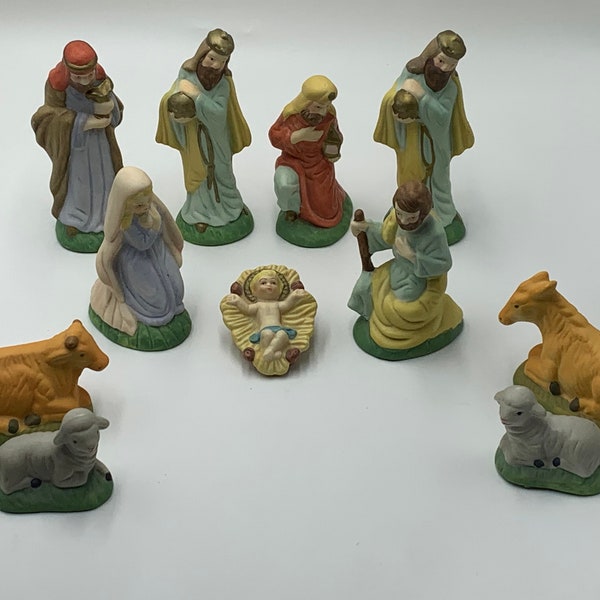 Vintage Nativity Set, Hand Painted, 11 Piece Figurine Characters, Holiday Home Decor, Made in China, 1980s