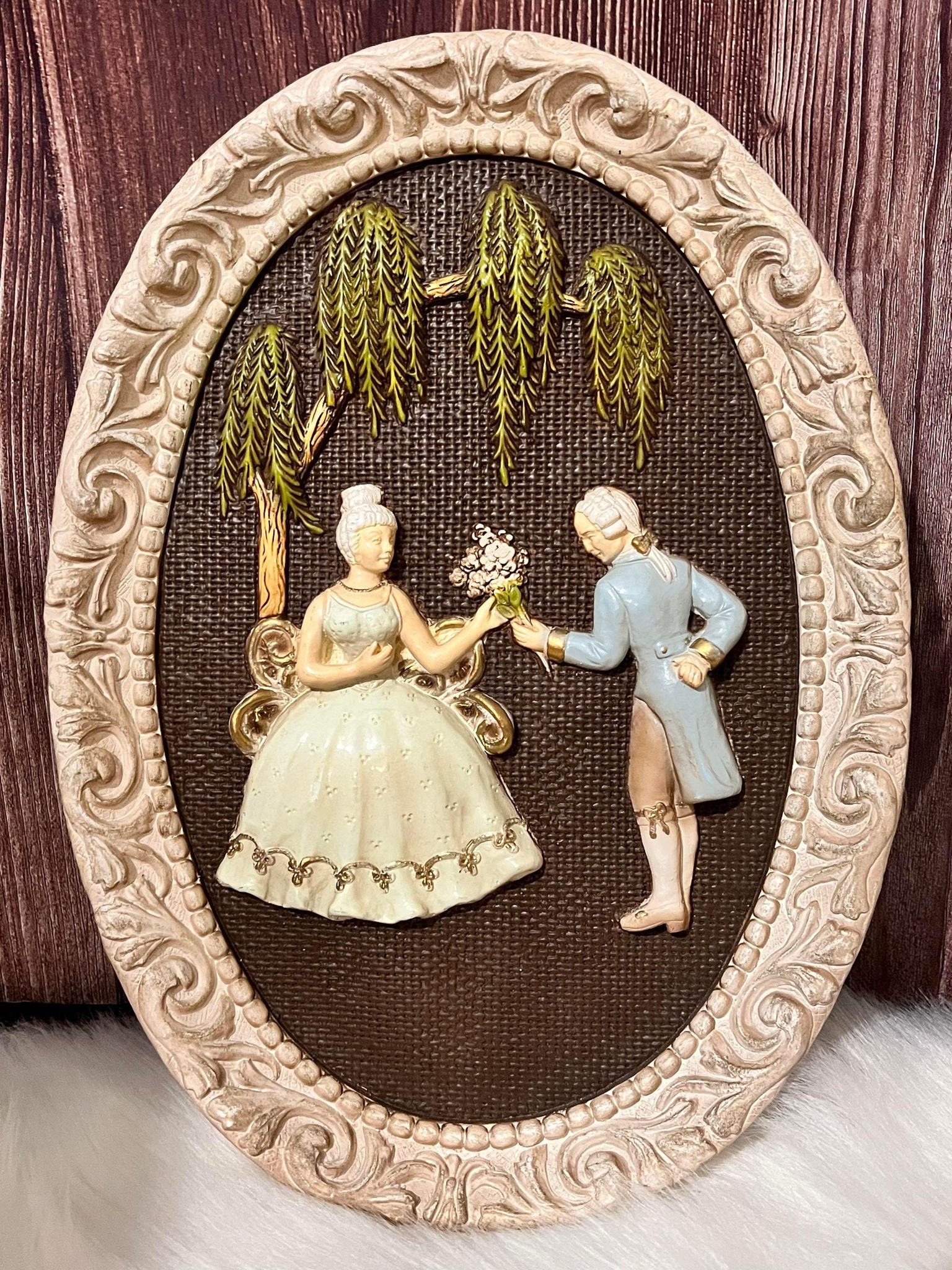 1970's Girotti Sculptured Wall Art, Set of 2 Oval Plaques, Victorian