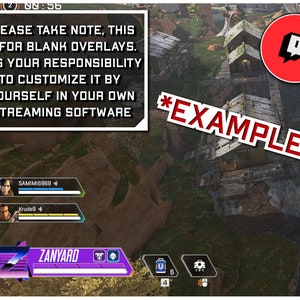 May include: A purple and white overlay for streaming software with the text "ZANYARD" in white. The overlay also includes a Twitch logo and the text "PLEASE TAKE NOTE, THIS IS FOR BLANK OVERLAYS. IT IS YOUR RESPONSIBILITY TO CUSTOMIZE IT BY YOURSELF IN YOUR OWN STREAMING SOFTWARE *EXAMPLE*"