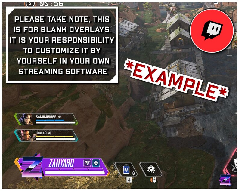 May include: A purple and white overlay for streaming software with the text "ZANYARD" in white. The overlay also includes a Twitch logo and the text "PLEASE TAKE NOTE, THIS IS FOR BLANK OVERLAYS. IT IS YOUR RESPONSIBILITY TO CUSTOMIZE IT BY YOURSELF IN YOUR OWN STREAMING SOFTWARE *EXAMPLE*"