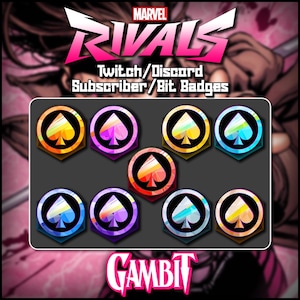 May include: Marvel Rivals Twitch/Discord subscriber/bit badges featuring a Gambit theme. The badges are in a variety of colors, with a spade symbol in the center. The text "Twitch/Discord Subscriber/Bit Badges" is displayed above the badges.