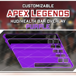 May include: Purple health bar overlay for Apex Legends video game. The overlay is customizable and features a futuristic design with a purple color scheme.
