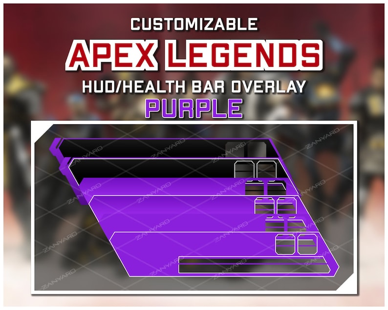 May include: Purple health bar overlay for Apex Legends video game. The overlay is customizable and features a futuristic design with a purple color scheme.