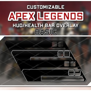 May include: A customizable Apex Legends HUD/Health Bar overlay for video game streaming. The overlay is black with white outlines and features three health bars with small squares for icons.