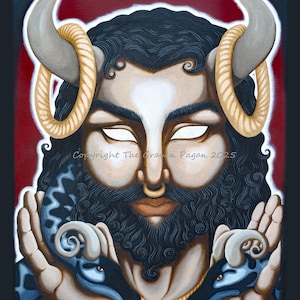 May include: An artistic painting of a bearded figure with large horns and a gold nose ring. The figure holds two blue ram-like creatures. The background is a gradient of red and black. The image includes the text "Copyright The Craven Pagan 2025" and "FLOKISCHILD 24".