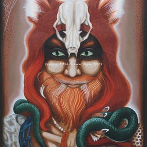 May include: A painting of a person with red hair and beard, wearing a fox headdress with a skull. The person has green eyes and is adorned with a green snake and a necklace. The artwork is signed and dated.