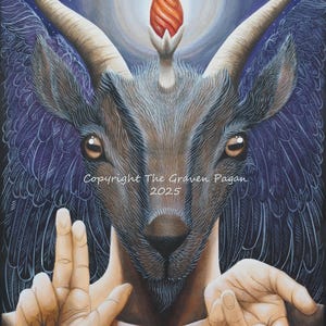 May include: A detailed painting of a goat-like figure with large horns, wings, and a flame above its head. The artwork features a dark color palette with a starry background and the text "Copyright The Graven Pagan 2025".