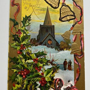 Cartolina d'epoca che ti augura un felice Natale Holly Bows Church and Bells