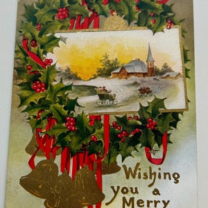 Cartolina d'epoca che ti augura un felice Natale, paesaggio invernale della chiesa, campana, ghirlanda di agrifoglio