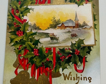 Vintage Wishing You A Merry Christmas PostCard Winter Church Scenery Bell Holly Wreath