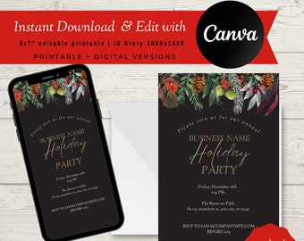 Può includere: Un design di invito nero con testo dorato, con le parole "Holiday Business Party Invitations". Il design include uno smartphone che mostra l'invito e una versione stampata. Il testo dell'invito include i dettagli dell'evento.