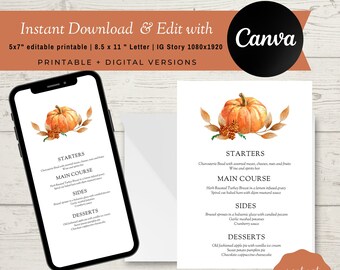 Pumpkin Thanksgiving Dinner Menu Template |Printable Menu | Holiday Menu | Canva Template | Customizable Menu |Instant Download | FA003