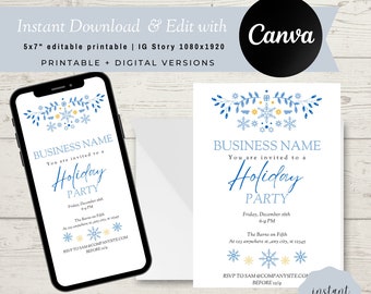 May include: Editable template for a blue and yellow holiday business party invitation with snowflakes and a wreath design. The text reads "Business Name You are invited to a Holiday Party".