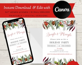 Puede incluir: Invitaciones para fiestas navideñas de empresa con un diseño festivo. Las invitaciones presentan el texto "Jingle & Mingle" e incluyen detalles de la fiesta. El diseño incluye elementos botánicos y está disponible para descarga instantánea.