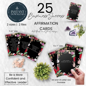 25 Business Success Affirmation Cards Digital Download | Mindfulness Affirmations Deck | Black Floral Affirmation cards | FL0014
