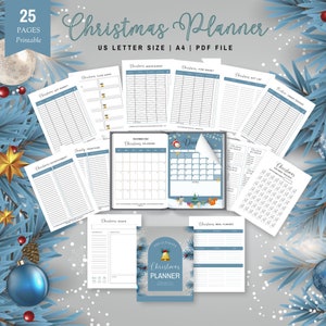 May include: A printable Christmas planner with 25 pages, featuring a blue and white color scheme with illustrations of Christmas decorations. The planner includes sections for budgeting, gift lists, meal planning, and more.