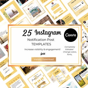 25 Instagram Post NotificationTemplates | INSTANT DOWNLOAD | Editable in Canva | Gold | Social Media Templates BWG009