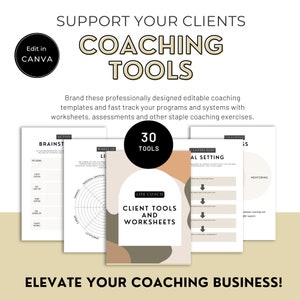 May include: A set of 30 coaching tools and worksheets for life coaches. The tools are designed to help coaches track their programs and systems, and include worksheets, assessments, and other coaching exercises. The tools are professionally designed and editable.