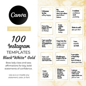 100 Instagram Post und Story Vorlagen | SOFORTIGER DOWNLOAD | Bearbeitbar in Canva | Gold & Schwarz | Social Media Vorlagen | Affirmationen |BWG009