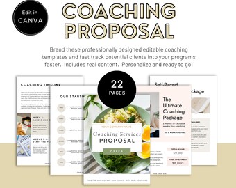 May include: A coaching proposal template with a green and white salad on the cover. The text on the cover reads "Coaching Services Proposal" and "Offer". The template includes 22 pages and is designed to help you acquire new clients faster.