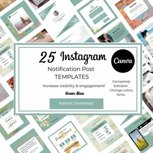 25 Instagram Post NotificationTemplates | INSTANT DOWNLOAD | Editable in Canva | Ocean Blue | Social Media Templates OC006