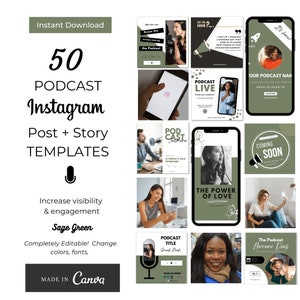 Podcast Instagram Post Templates| Canva Template |Podcast Template| Podcasters| Podcasting| Social Media Bundle| Sage Green | FO005