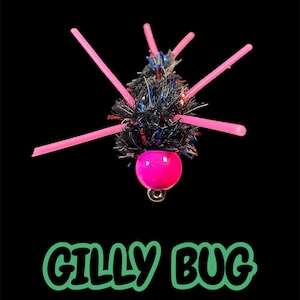 May include: A fishing fly lure featuring a bright pink spherical head, a black fuzzy body with blue and red metallic fibers, and six protruding pink rubber legs. The text GILLY BUG is printed in green letters below the lure on a black background.