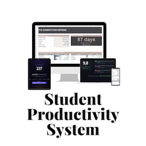 Könnte beinhalten: Ein digitales Produktivitätssystem für Studierende, dargestellt auf einem Computermonitor, einem Tablet, einem Laptop und einem Smartphone. Die Bildschirme zeigen verschiedene Projektmanagement-Oberflächen, darunter einen PhD-Dissertations-Tracker, Fortschrittsdiagramme und eine Bewertung von 9,8.