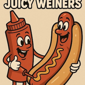 Op de afbeelding: Een cartoonillustratie van een ketchupfles en een hotdog. De ketchupfles houdt een fles ketchup vast en spuit deze op de hotdog. De tekst "I SQUIRT ON JUICY WEINERS" staat boven de afbeelding.