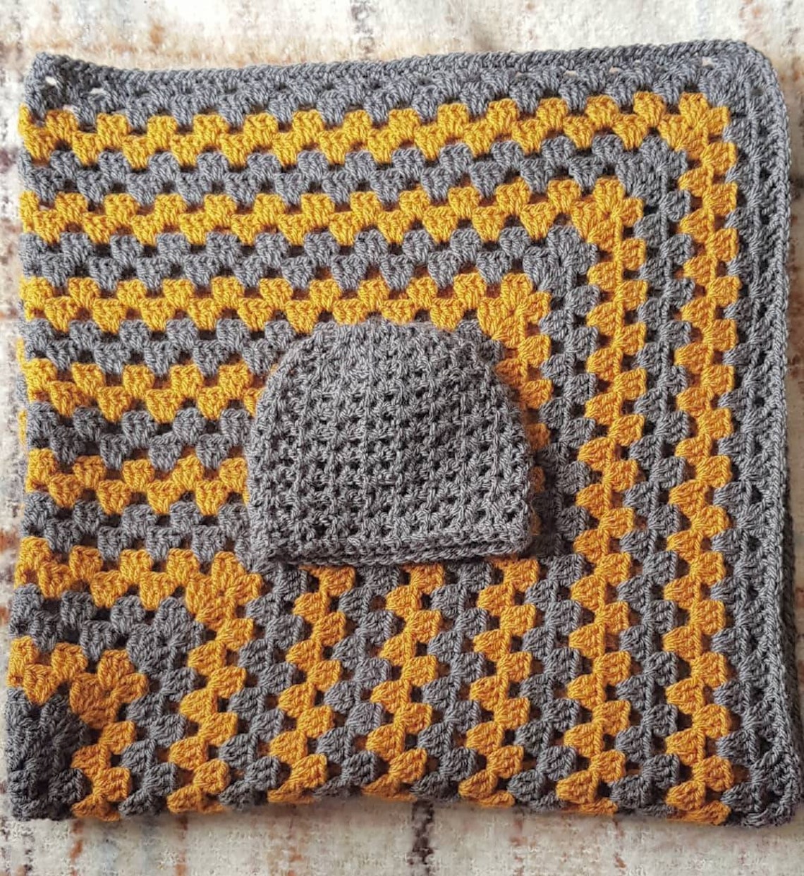 Grey and Mustard Knitted Crochet Baby Blanket Autumn Etsy