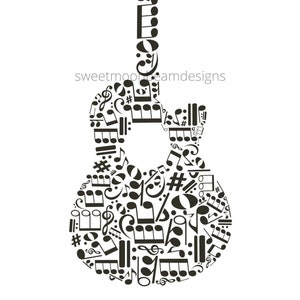 Akoestische gitaar met muzieknoten Clipart Rock Cricut Gitaar SVG PNG JPG Gitarist Clipart Muziek Commercieel Persoonlijk