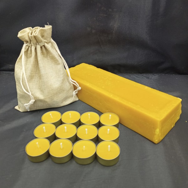 12 100% natural tea light candles with pure virgin beeswax and linen bag