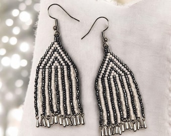 Handwoven Miyuki Seed Bead Earrings – Black White Geometric Fringe