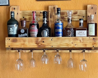 Handcrafted, fully assembled wine/whiskey rack made from locally sourced wood with a pallet look // Custom colors/glass holders/Sustainable