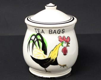 Vintage Norcrest Japón bolsa de té de cerámica vasija/tarro con tapa y gallo pintado a mano (¿pollo?)