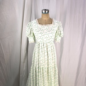 Vintage white, blue and green floral long dress, square neck, puffed sleeve, three-tiered, fully lined, lace trim, zip closure
