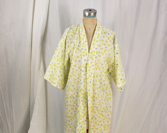 Vintage white kimono style robe with green and yellow flowers, blue butterflies, long sleeves