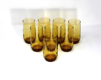 8 Vintage amber gold glass drinking juice glasses