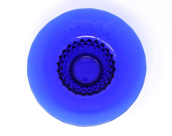 Brillante vidrio azul cobalto vintage patrón de punto de diamante tazón de borde ancho en pedestal