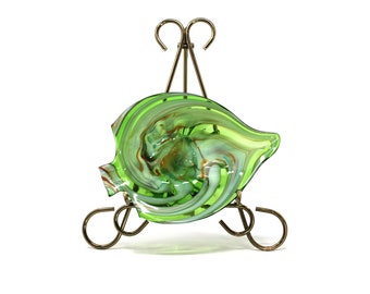 Tazón de baratija de pescado de vidrio de arte vintage verde, turquesa, marrón, óxido y blanco