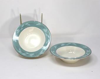 2 vintage Homer Laughlin Cavalier Eggshell dessert berry bowls; wide turquoise border with white leaf and pink bud detail; silver rim