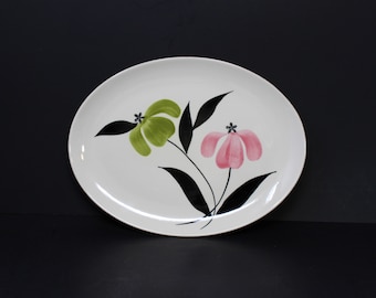 Vintage oval Stetson China hand-painted platter; white with yellow-green and pink flowers, black leaves and stems, under glaze