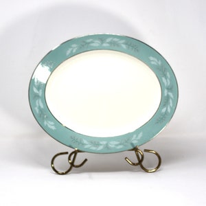 Vintage Homer Laughlin Cavalier Eggshell serving platter; wide turquoise border with white leaves, pink flower buds; platinum rim