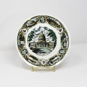 Vintage Keramik Washington D. C. Souvenir-Sammelteller mit Bildern des Kapitols und anderer historischer Gebäude
