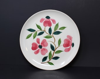 Vintage Rio Stetson china hand-painted plate; white with 3 pink flowers, green leaves motif; measures 10 1/4&quot; x 3/4&quot;