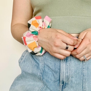 Confetti Check - Bright Block Pattern Scrunchie – Fun Retro Hair Tie | Handmade Gift for Women & Teens