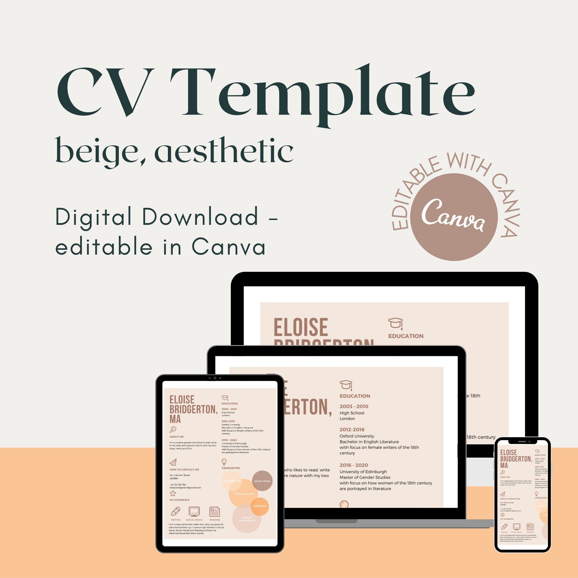 Aesthetic CV Template for CANVA // Creative Resume Template With Photo