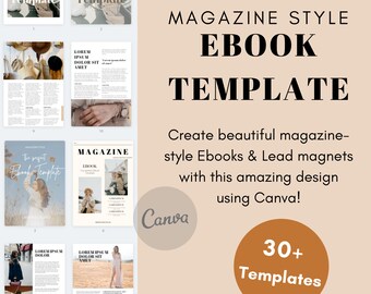 Peut inclure: Une maquette de produit numérique montrant un modèle d'ebook de style magazine. Le modèle est conçu pour Canva et comprend plus de 30 modèles. Le texte sur l'image indique "Modèle d'ebook de style magazine. Créez de magnifiques ebooks et aimants de lead de style magazine avec cette conception incroyable en utilisant Canva ! Plus de 30 modèles."