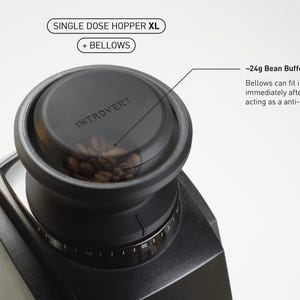 Pu&ograve; includere: Un macinacaff&egrave; nero con un tramo di dosaggio singolo e una camera di accumulo dei chicchi. Il tramo ha un coperchio trasparente con la scritta "INTROVERT" stampata su di esso. Il macinacaff&egrave; ha un quadrante per regolare la dimensione della macinatura.